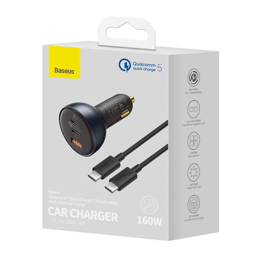 Baseus Qualcomm® Quick Charge™ 5 Technology Multi-Port Fast Charge Car Charger C+C+U 160W set Gray (with Baseus Xiaobai series fast charging Cable Type-C to Type-C 100W (20V/5A) 1m Black) Baseus Qualcomm® Quick Charge™ 5 Technology Multi-Port Fast Charge Car Charger C+C+U 160W set Gray (with Baseus Xiaobai series fast charging Cable Type-C to Type-C 100W (20V/5A) 1m Black)